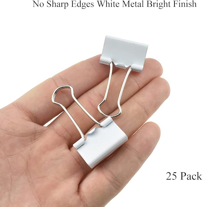 HAHIYO Binder Clips Paper Clamps Spring Steel Sturdy 0.98 inches Width 0.31 Inch Capacity No Sharp Edges Heavy Duty Tight Grip Reusable White Metal Bright Finish for Home Office School 25 Pack