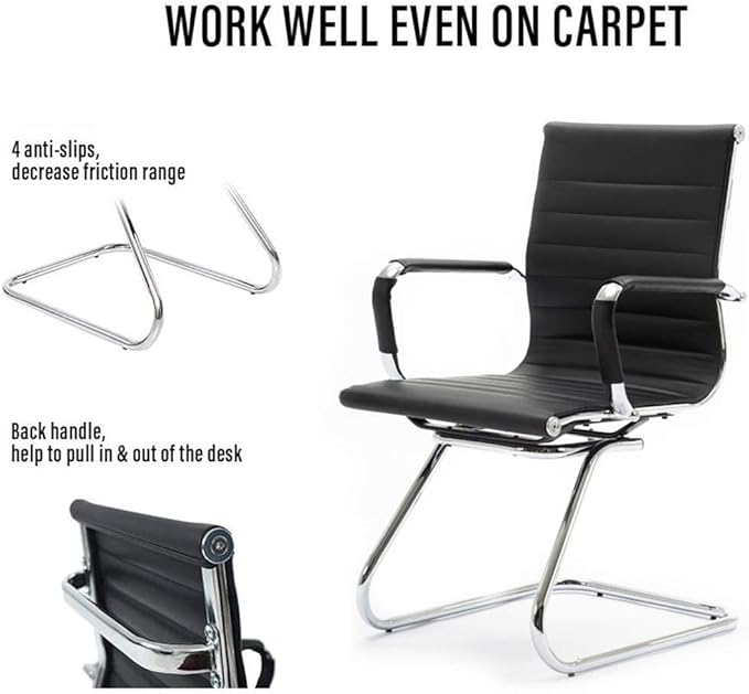 Black Office Desk Chair No Wheels Set of 8 PU Leather Computer Chairs Mid Back Guest Chairs for School Reception Conference Waiting Room, Black