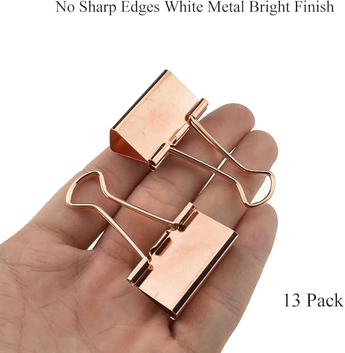 HAHIYO Binder Clips Paper Clamp Spring Steel Sturdy Medium 1.26 inch Width 0.39 Inch Capacity No Sharp Edges Heavy Duty Tight Grip Reusable Rose Gold Metal Bright Finish for Home Office School 13 Pack