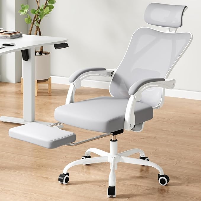 Farini Ergonomic Office Chair with Footrest, Mesh Office Desk Chair with Headrest, High Back Computer Chair with Adjustable Lumbar Support for Home Office Study Room Bedroom, White & Grey