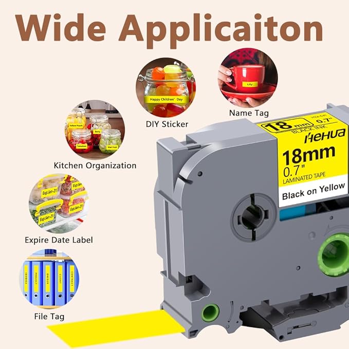 Hehua Tape Tze Tz 18mm 0.7 Laminated Yellow Compatible for Brother P-Touch TZe-641 TZe641 TZ641 TZ641 Tape for Ptouch PT D400 D600 D610 P710bt, 3/4'' x 26.2ft Black on Yellow, 3 Pack