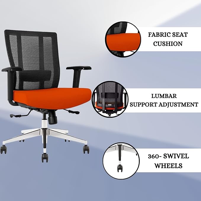 Ergonomic Office Chair - Breathable Mesh Back with Adjustable Lumbar Support, 3D Armrests, Tilt Function, and 360ยฐ Swivel Wheels - Perfect for Home Office or Conference Room - Stylish Tangerine Design