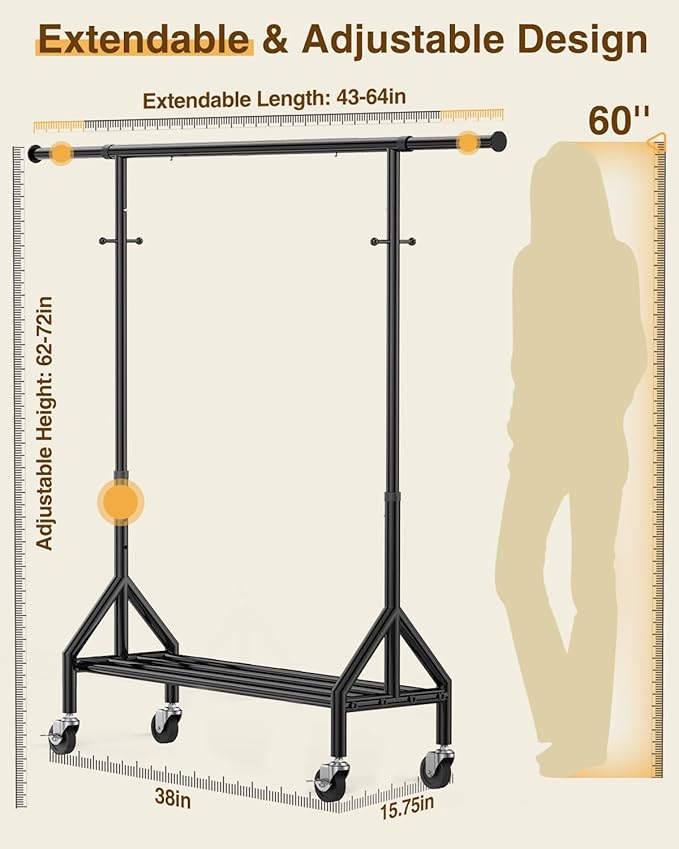 Heavy Duty Clothes Rack Load 520LBS, Adjustable Rolling Clothing Rack with Sturdy Wheel, Metal Industrial Closet Garment Racks for Hanging Clothes Coat, Portable for Bedroom, Laundry Living Room