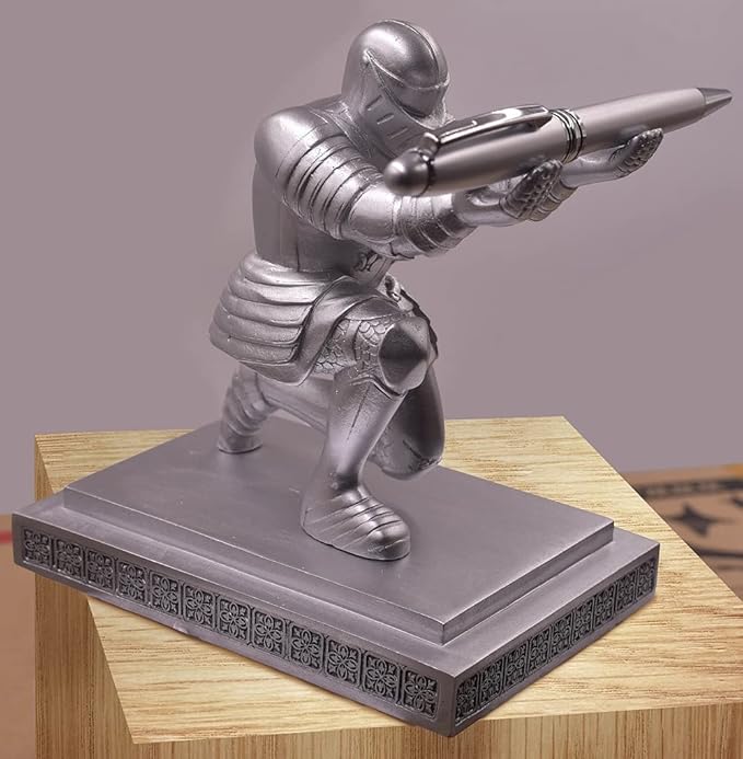 Executive Knight Pen Holder with A Cool Pen, Home Office Desk Organizers Decor Resin Pen Holder, Christmas Gift Idea for Dad, Uncle, Man, Boyfriend, Friends Silver