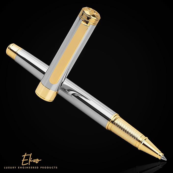 ELIZO Luxury Pen Fancy Real 24K Gold Plated Trim Chrome Silver Nice Pen Gift Rollerball Cool Best Pens Schmidt Ink EDC Pen Executive Smooth Writing Pens for Men Women