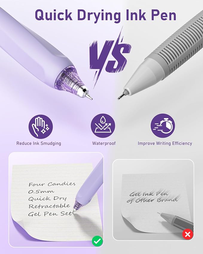 Four Candies 14Pack Pastel Gel Ink Pen Set,Cute Retractable 0.5mm Fine Point Pen,11 Pack Black Ink and 1 Pc Purple Ink Pens with 2Pcs Highlighter for School, Office, Mothers Day Gifts(Purple)