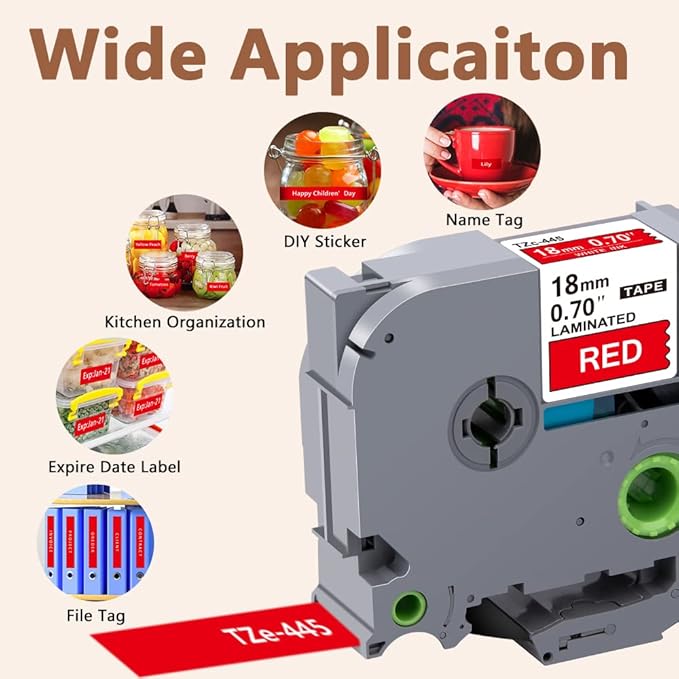 Hehua 18mm 0.7 White on Red Laminated Tape Compatible for Brother Label Maker Tape TZe-445 TZe445 TZ-445 TZ445 for P Touch PT D400 D450 D600 D610 P710BT, 3/4'' x 26.2ft White on Red, 3 Pack