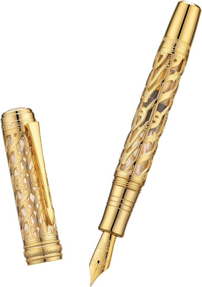Hongdian A6 Piston Fountain Pen Extra Fine Soft Nib, Golden Hollow Skeleton & Transparent Resin Pen with Metal Case Set