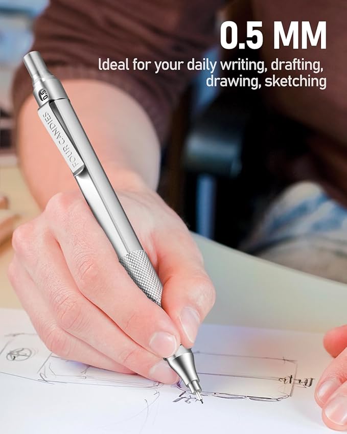 Four Candies 0.5mm Mechanical Pencil Set with Case, 3PCS Metal Artist Lead Pencil with 8 Tubes (480PCS) HB Lead Refills, 3 Erasers, 9 Eraser Refills For Engineer Art Writing Drawing Drafting, Silver