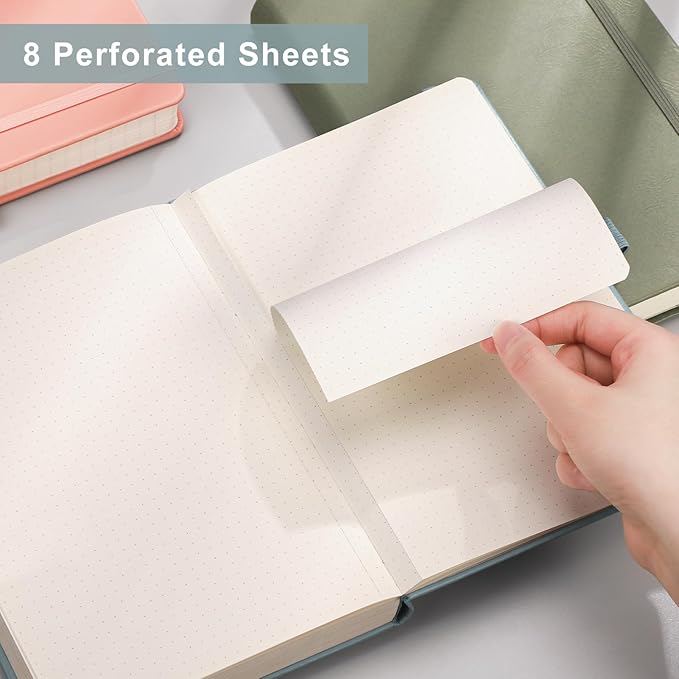 EMSHOI Dotted Notebook - 256 Pages A5 Dot Grid Journal Bullet Notebook with 120gsm Thick Dotted Paper,16 Perforated Pages, Hardcover Leather, Pen Holder, Inner Pocket, 5.75" x 8.38"-LightBlue