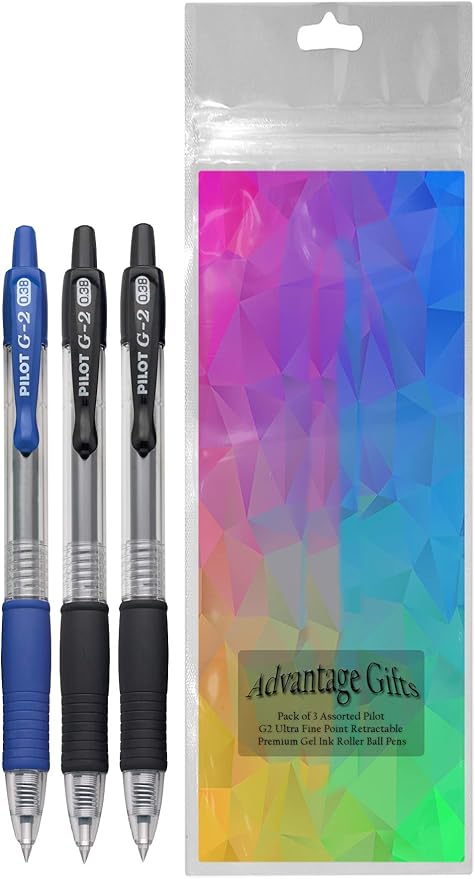 G2 Retractable Premium Gel Ink Roller Ball Pens Ultra Fine Point (.38mm) Black/Blue Ink 3 pack; Refillable & Premium Comfort Grip Bundle with Plastic Reusable Pouch