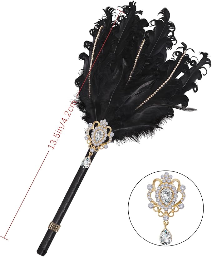 CROWN GUIDE Luxury Feather Quill Pen with Shiny Rhinestones & Curled Goose Feathers- Wedding Guest Book Pen, Great Gatsby/HP Party Supplies, Bridal Shower Gift with Rose Gold Heart Charm (13.8",Black)