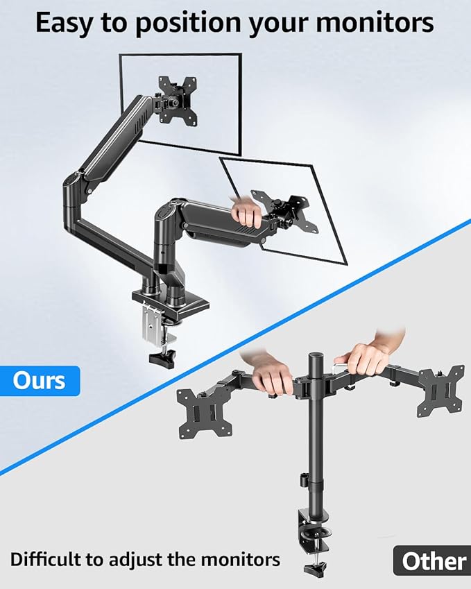 Dual Monitor Stand fits up to 32 inch, 4.4-22 lbs Computer Screens, Dual Monitor Desk Mount Height Adjustable, Monitor Arms for 2 Monitors, Home Office VESA Mounts with Gas Spring, Freelift Black