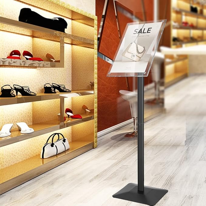 DISPLAYSWORKER Adjustable Heavy Duty Pedestal Sign holder floor Stand, acrylic sign stand poster stand , Standing Floor for 8.5 x 11 inch,Black (black, acrylic frame 8.5-x-11-inch)