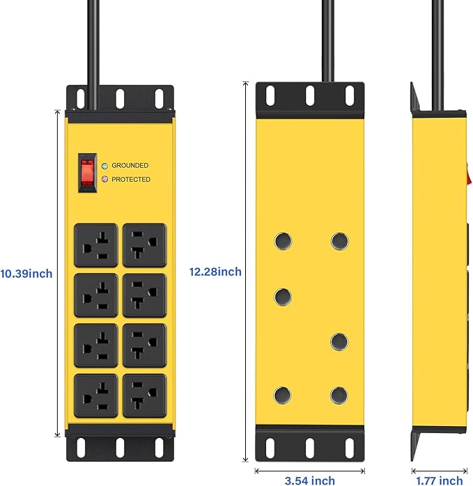CCCEI 2PCS Heavy Duty Power Strip Surge Protector 20 AMP, 8 Outlets 12 Gauge Shop Garage Metal Multiple Outlets, 10 FT Extension Cord 5-15P Adapter High Amp 6-20R T-Slot 20a for Appliance Yellow.