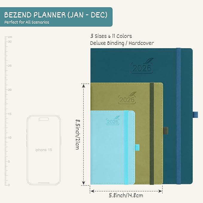 BEZEND 2026 Planner Weekly and Monthly (6" x 8.5") Daily Calendar with Half-Hourly Timeslots & Tabs (Jan-Dec) Note & Expenses, Pen Holder, Inner Pocket, Vegan Leather Hardcover - Cornflower