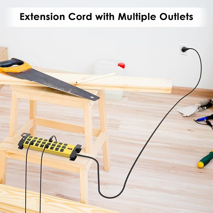 HHSOET Heavy Duty Power Strip with Surge Protection, Industrial Commercial Metal 24 Outlets Wall Mount for Garage Shop, 15 Amp, Switch, 6FT Extension Cord, Yellow.