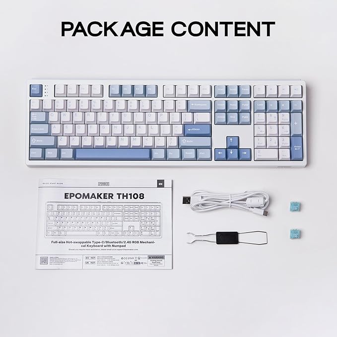 EPOMAKER TH108 Full Size Mechanical Keyboard, Wireless Gaming Keyboard with 8000mAh Battery, Creamy Gasket, 108 Keys, Hot Swap, Custom Driver, RGB Backlight (Blue&White, Creamy Jade)