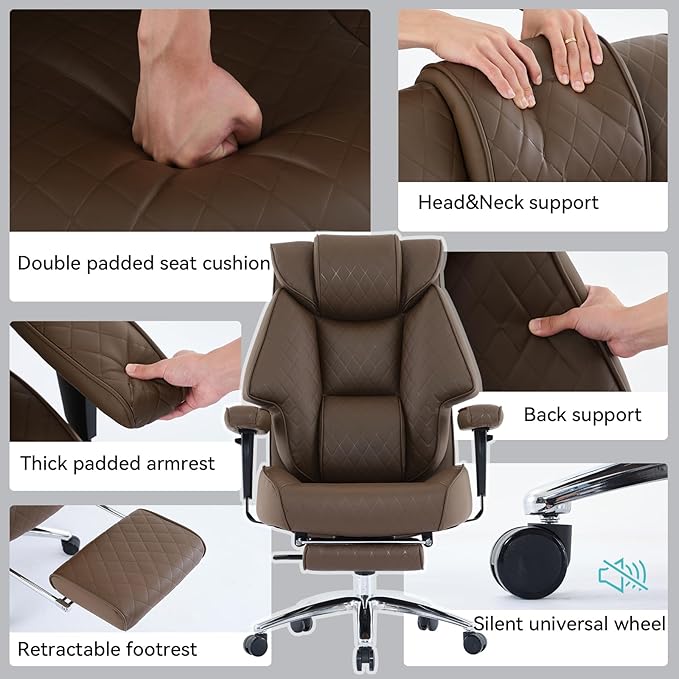 Big and Tall Office Chair with Footrest, PU Leather High Back Executive Office Chair 400lbs, Ergonomic Computer Chairs Lumbar Support for Heavy People (Brown)