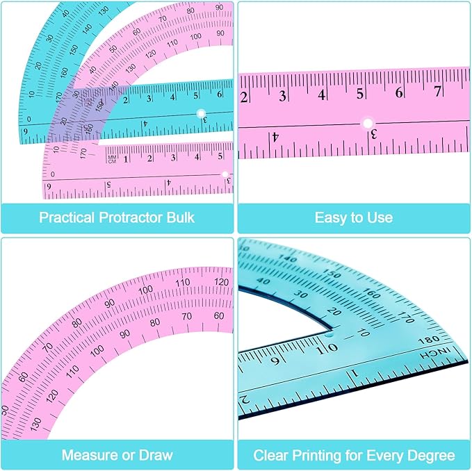 Ctosree 12 PCS Bulk Protractor - Plastic Translucent 180 Degrees 6 Inch Clear Math Protractor Set for Geometry, Angle Measurement, Office Stationery, Pink & Blue