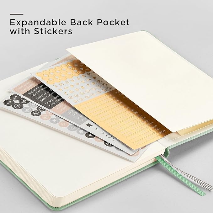 &And Per Se Dotted Journal Notebook, A5 Hardcover Leather Bullet Dotted Journal, 160 Pages 100 gsm Thick Dotted Paper,3 Sheets of Stickers Included - 5.7'' x 8''(Light Green)