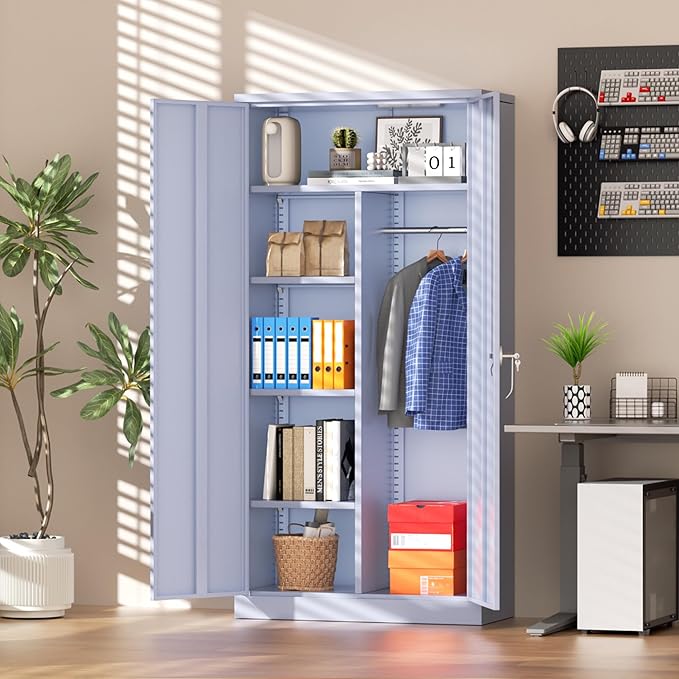 Greenvelly Metal Storage Wardrobe Cabinet with Lock, 72" Dark Grey Metal Wardrobe Closet for Hanging Clothes with Doors and Shelves, Modern Clothes Closet for Home, Office and Bedroom, School,Gym