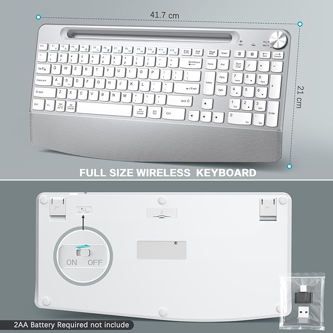 Ergonomic Wireless Keyboard with Wrist Rest-Low-Profile,Phone/Tablet Holder,Quiet Design,Windows & Mac OS,Full Size Cordless USB Computer Keyboard for Desktop,Laptop, PC, Mac, Windows-White
