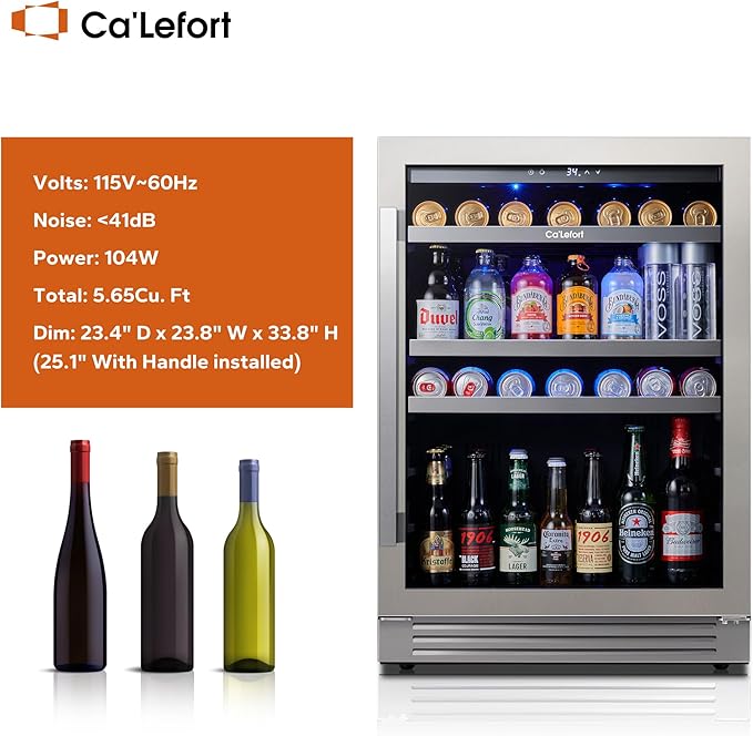 Ca'Lefort 24 Inch Beverage Refrigerator, 180 Can 34°F -54°F Beverage Fridges, Drink Fridge with Glass Door 3 LED Beverage Coolers Built in or Freestanding, Perfect for Home/Kitchen(5.65 cu.ft)