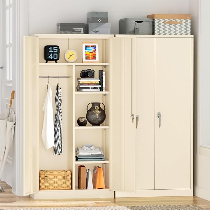 Greenvelly Metal Storage Wardrobe Cabinet with Lock, 72" Grey Metal Wardrobe Closet for Hanging Clothes with Doors and Shelves, Modern Clothes Closet for Home, Office and Bedroom, School,Gym