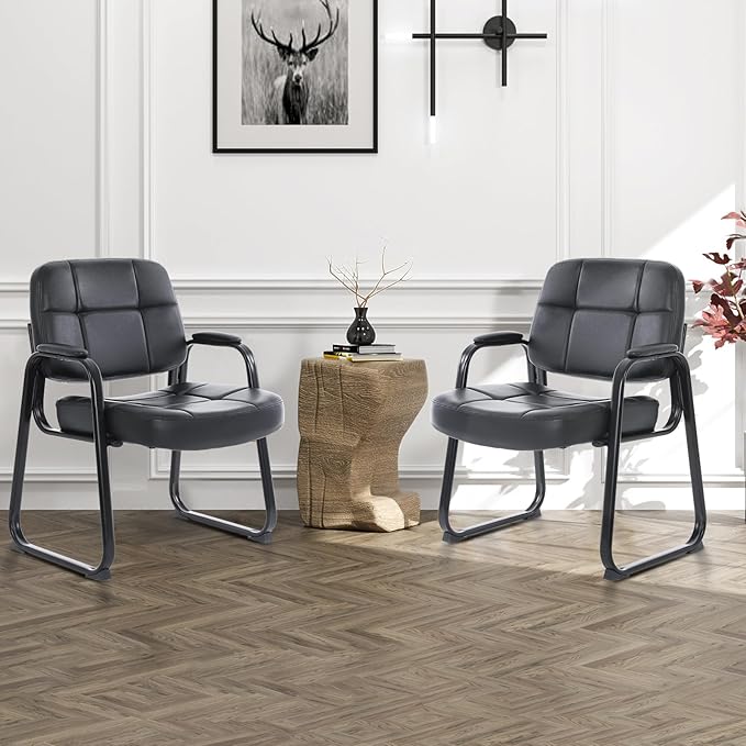 CLATINA Big & Tall Waiting Room Guest Chair with Bonded Leather Padded Arm Rest and Sled Base for Office Reception Lobby and Conference Desk, Black(8 Pack)