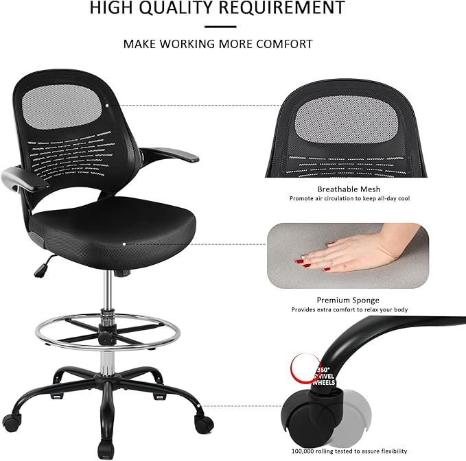 HYLONE Drafting Chair Tall Office Chair with Flip-Up Armrests Ergonomic Computer Chair with Lumbar Support Adjustable Footrest Ring Mesh Standing Desk Chair (Black)