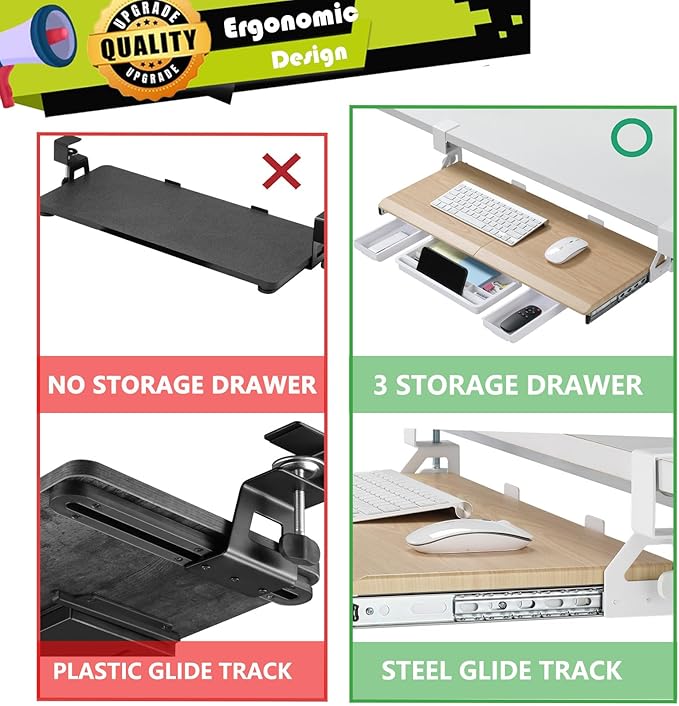 ETHU Keyboard Tray Under Desk, Pull Out Keyboard & Mouse Tray with C-clamp, Ergonomic Desk Keyboard Tray Slide Out, Pull Out Platform Drawer for Home and Office(Oak)