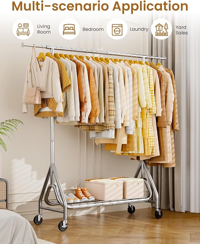 Heavy Duty Clothing Rack, Metal Clothes Rack Load 450 LBS, Rolling Coat Racks for Hanging Clothes with Lockable Wheels, Wardrobe Closet Garment Racks for Bedroom, Silver