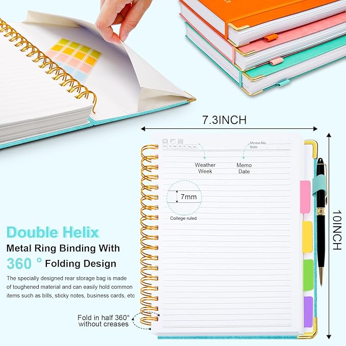 Hardcover Spiral Notebook 8"x10" Journal Notebook with Tabs and Removable Dividers 300 Pages 5 Subject Notebook College Ruled, Faux Leather Spiral Bound Notebook for Women, Students, School Work (Blue)