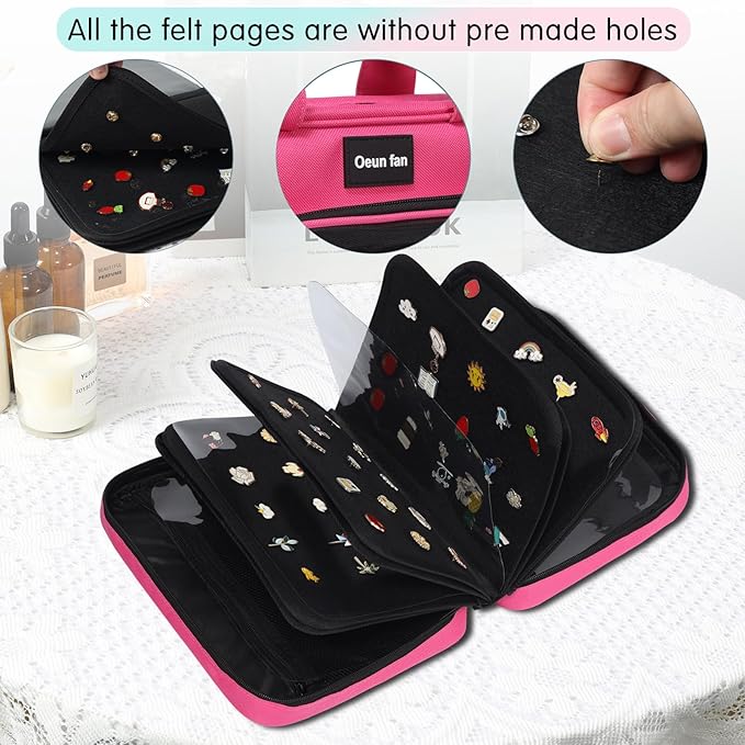 Enamel pin display bag, 8-page pin trading book, collectible pin board, suitable for storing pins, brooches, patches (pink)