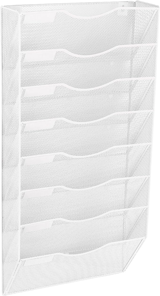 EASEPRES 8 Pocket Mesh Hanging Wall File Organizer, Wall Mounted Mail Paper Document Folder Holder, Clipboard Storage Organization Magazine Rack with Nametag Label for Office Home School, White