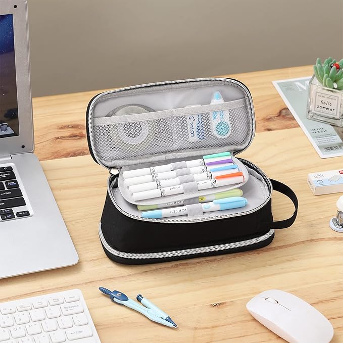 Dugio Big Pencil Case for Boys Teens Kids Zipper Pencil Pouch with Handle Organizer Pencil Bag Aesthetic Pencil Box for School Black