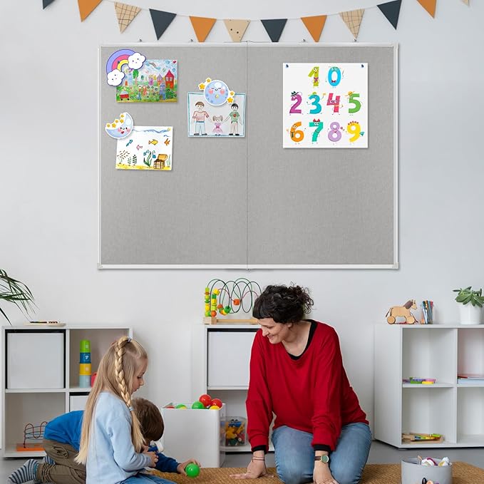 Double-Sided Large Cork Board with Linen, 60" x 40" Foldable Hanging Aluminum Framed Bulletin Board, Vision Board Pin Board Corkboards for Walls, Office, School Decor, 20 Pushpins