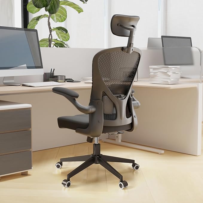 Ergonomic Office Chair with Adjustable Lumbar Support & Flip-Up Armrests - High Back Computer Desk Chair with Thickened Seat Cushion, Rolling Wheels for Home/Office Study Work