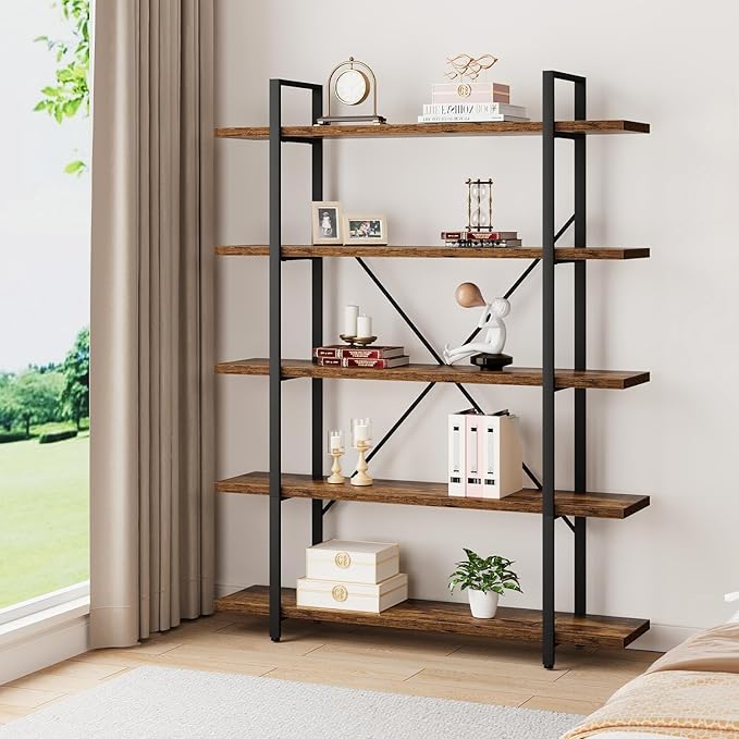 HSH Rustic Bookcases and Book Shelves 5 Shelf, Metal Wood 5 Tier Bookshelf and Storage Book Rack, Vintage Large Book Shelf for Bedroom Living Room Office,Open Vertical Display Etagere Book Case, Brown