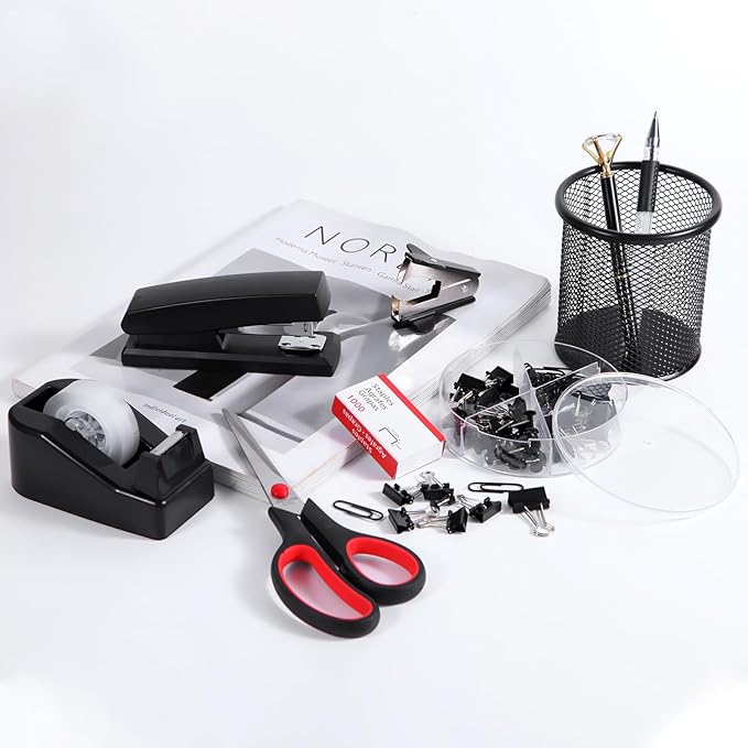 Black Desk Accessories, Office Supplies Set with Stapler, Tape Dispenser, Staple Remover, Pen Holder, Scissor, Binder/Paper Clips, Ballpoint Pen, Clear Tape and 1000pcs Staples