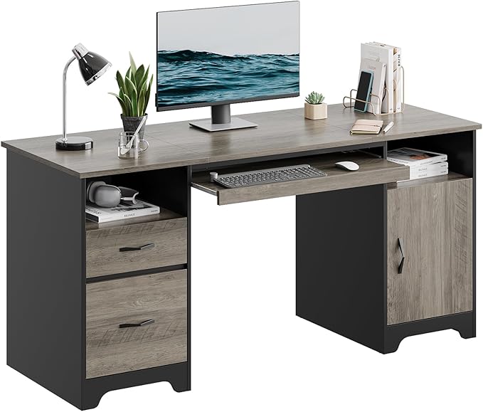 Bestier 59” Executive Desk with 2 Drawers, Computer Desk with Storage Cabinet, Industrial Wood Desk with File Drawer, Keyboard Tray & 2 Pedestals for Home Office & Studio, Gray