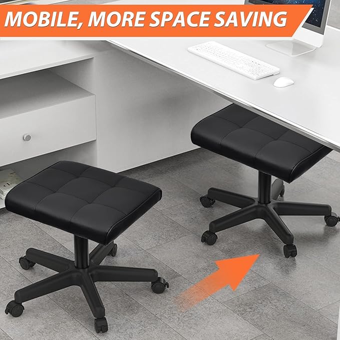 Footrest Under Desk Leg Rest Ottoman Adjustable Height Foot Stool with Wheels Leather Footrest for Home Office
