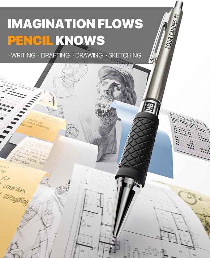 Four Candies Metal Mechanical Pencil Set - 6PCS 0.9mm Art Mechanical Pencils & 360PCS HB Lead Refills & 3PCS Erasers & 9PCS Eraser Refills, Drawing Mechanical Pencils for Writing, Sketching -With Case