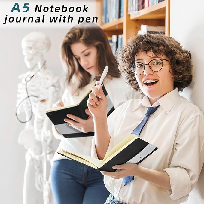 Coopay 12 Pack A5 Journal Notebook with 12 White Pens Bulk Classic Ruled Hardcover Leather Journal Set with Pen Holder for Men Women Writing Office Home School Business, 100GSM, 8.3” x 5.5” (Black)