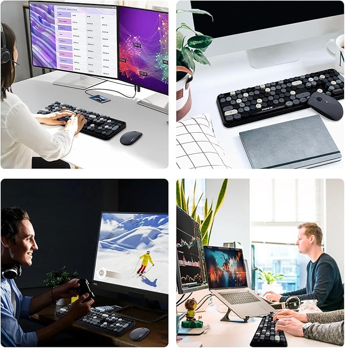 FOPETT Wireless Keyboard and Mouse Combo - 2.4G Full-Sized Cute Colorful Retro Keyboard with Round Keycaps 104 Keys Typewriter Keyboard for Laptop/Windows/PC - Grey Colorful