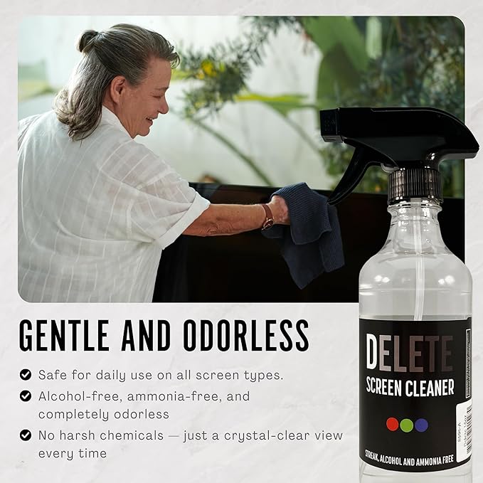 Delete Screen Cleaner Spray Kit, 16oz Bottle and 12"x12" Microfiber Cleaning Cloth, Streak-Free, Safe and Gentle Formula, Multi-Purpose for Devices, Large TVs, Computers, Monitors, Smart Phones