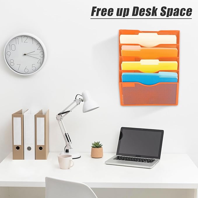 EASEPRES 5 Pocket Mesh Hanging Wall File Organizer, Wall Mounted Mail Paper Document Folder Holder, Clipboard Storage Organization Magazine Rack with Nametag Label for Office Home School, Orange