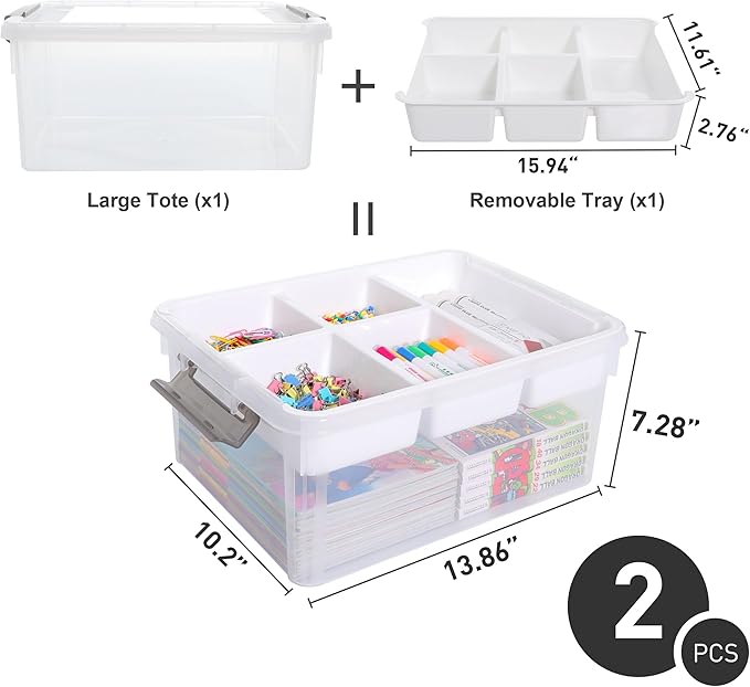 Citylife 17 QT Plastic Storage Box with Removable Tray Craft Organizers and Storage Clear Storage Container for Organizing Bead, Tool, Sewing, Playdoh, 2 Packs