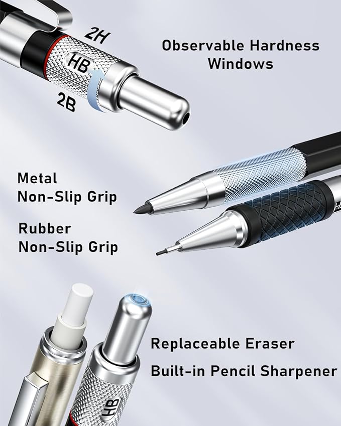 Four Candies 27PCS Art Mechanical Pencil Set with Case, 4PCS Metal Drawing Pencil 0.3, 0.5, 0.7, 0.9 mm & 2PCS 2mm Lead Holder (HB 2H 2B 4B Color) with 552 Graphite Lead Refills for Drawing Sketching